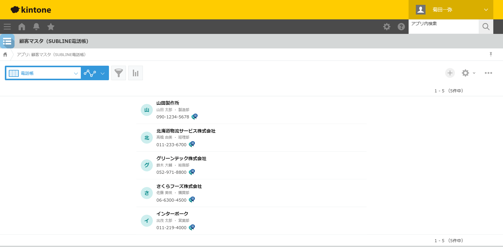 レコード一覧で電話番号がSUBLINE発信リンクとして表示される